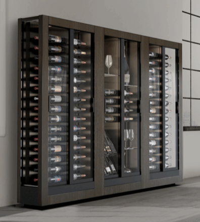 3 wine cabinets joined together in a brown surrounding frame positioned against a white wall in an apartment
