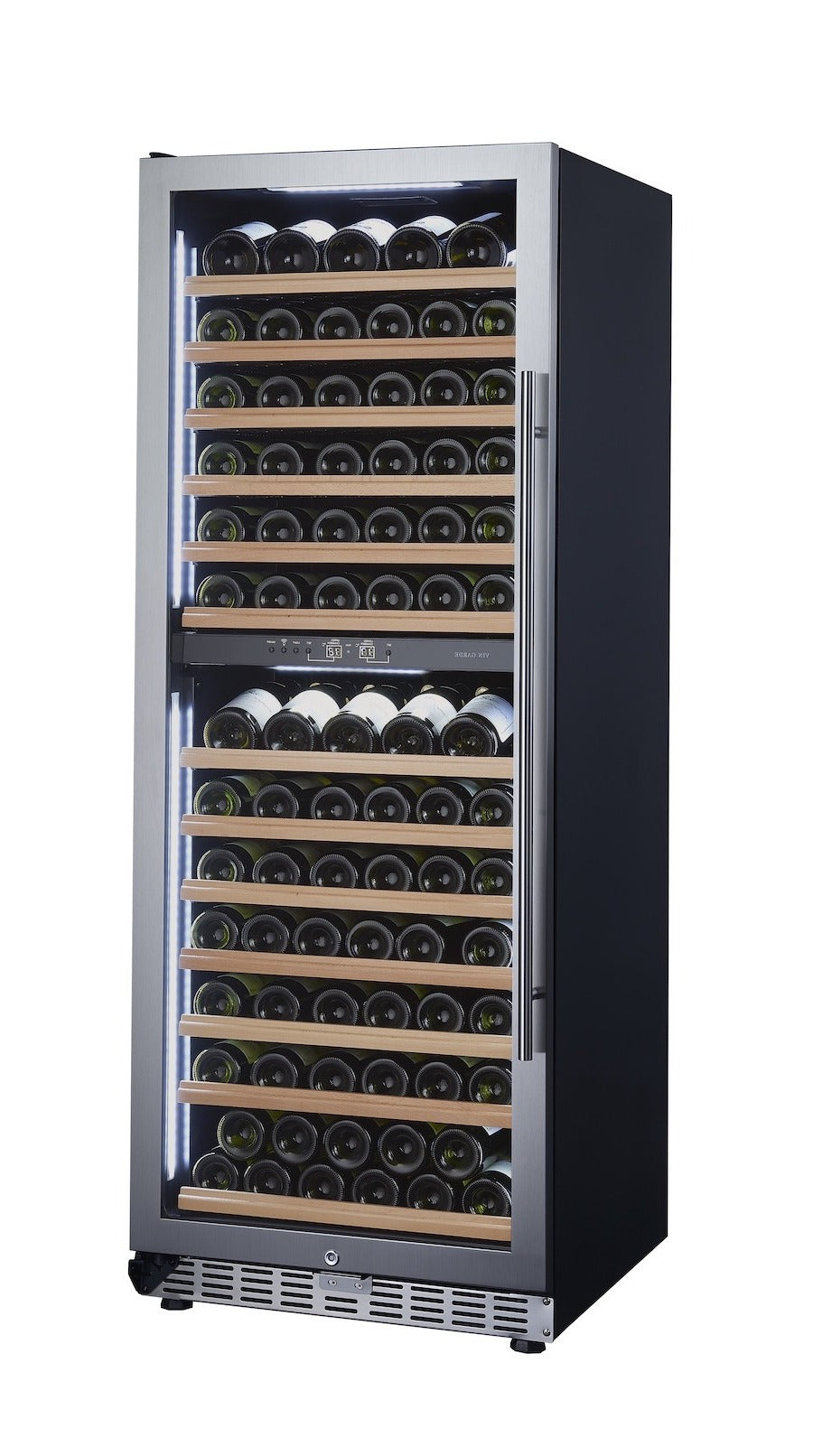 Wine cooler with multiple shelves filled with wine bottles on a white background