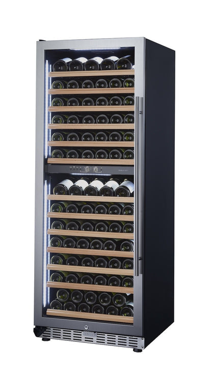 Wine cooler with multiple shelves filled with wine bottles on a white background