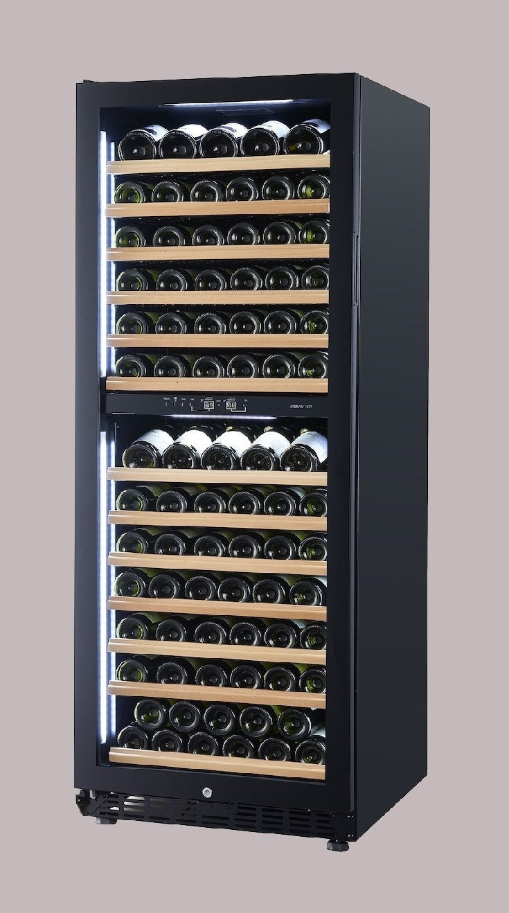Wine cooler with multiple shelves filled with wine bottles on a gray background