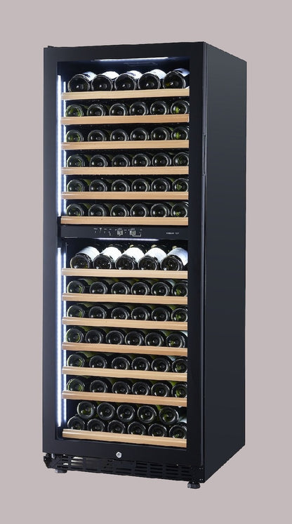 Wine cooler with multiple shelves filled with wine bottles on a gray background