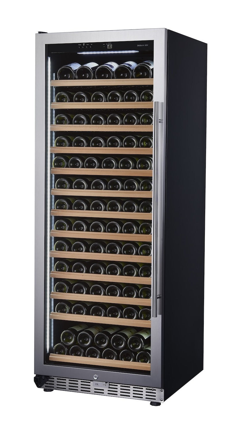 Wine cooler with multiple shelves filled with wine bottles on a white background