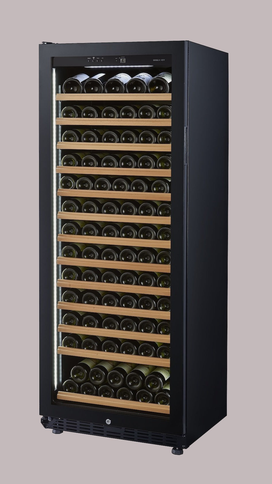 Wine cooler with multiple shelves filled with wine bottles on a gray background
