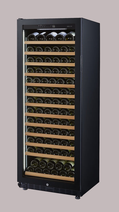Wine cooler with multiple shelves filled with wine bottles on a gray background