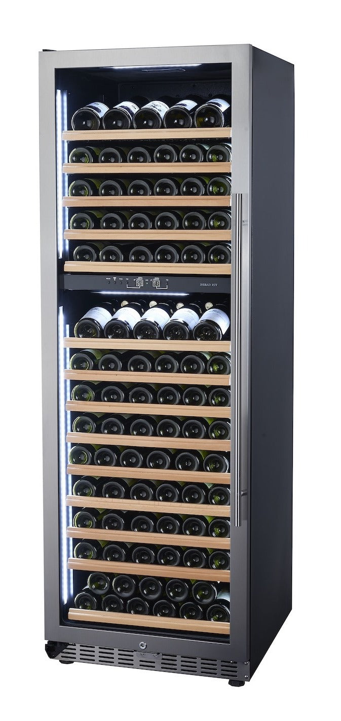 Wine cooler with multiple shelves filled with wine bottles on a white background