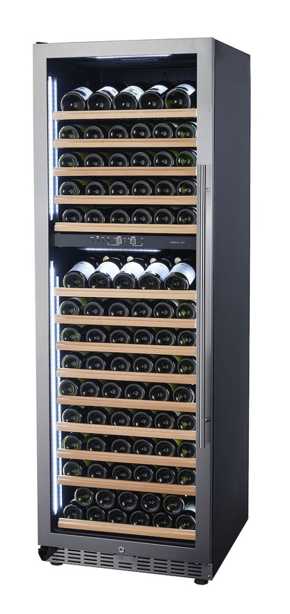 Wine cooler with multiple shelves filled with wine bottles on a white background