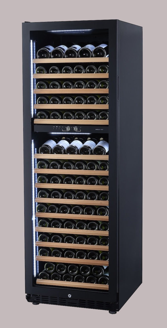 Wine cooler with multiple shelves filled with wine bottles on a gray background