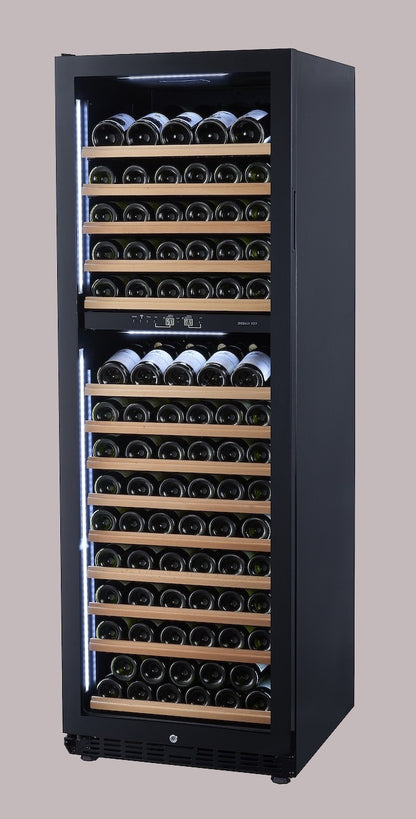 Wine cooler with multiple shelves filled with wine bottles on a gray background