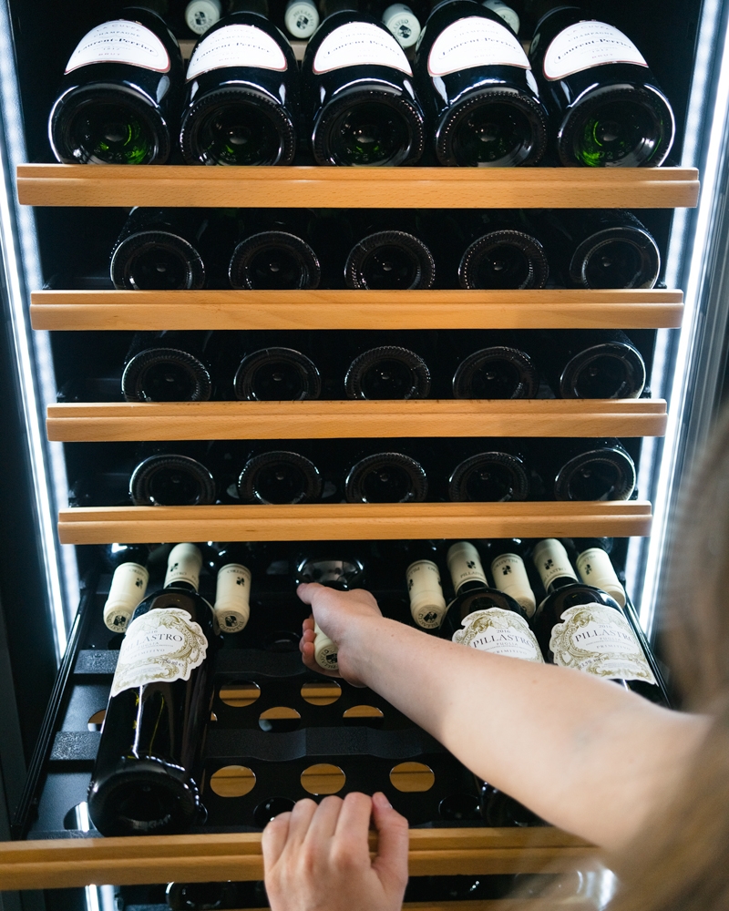 Double racking with sliding shelves top to bottom, wine cooler, wine fridge, wine cabinet